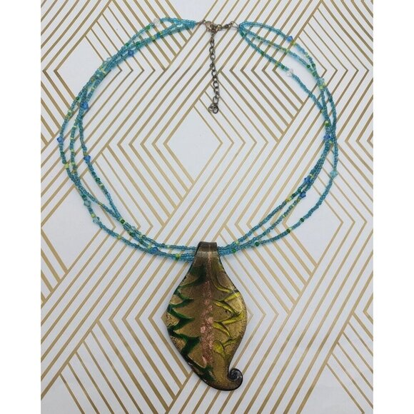Multi Strand Tiny Blue Glass Seed Bead Necklace Art Glass Gold Foil Pendant 21" - Picture 6 of 7